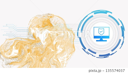 Swirling golden wave, circuit lines converging on UI monitor icon with shield checkmark, copy space Swirling golden wave, circuit lines converging on UI monitor icon with shield checkmark, copy space 135574037