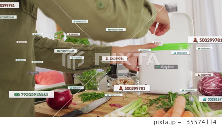 Woman in olive shirt operating processor on kitchen countertop with cutting board and ingredients 135574114