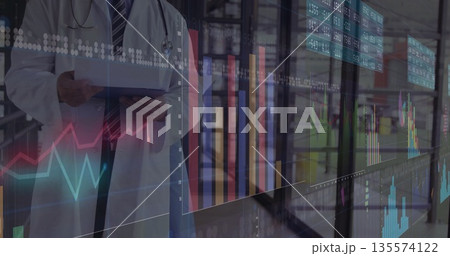 Monitoring doctor in labcoat holding tablet at data center, stethoscope, charts, copy space Monitoring doctor in labcoat holding tablet at data center, stethoscope, charts, copy space 135574122
