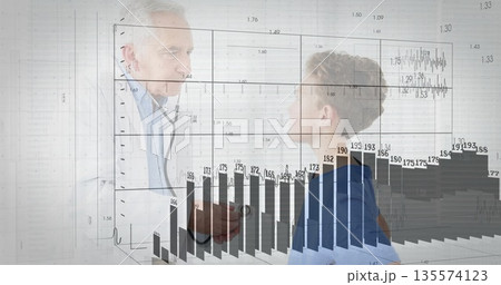 Pressing stethoscope on boy chest, doctor wearing lab coat in exam room, showing bar chart overlay Pressing stethoscope on boy chest, doctor wearing lab coat in exam room, showing bar chart overlay 135574123