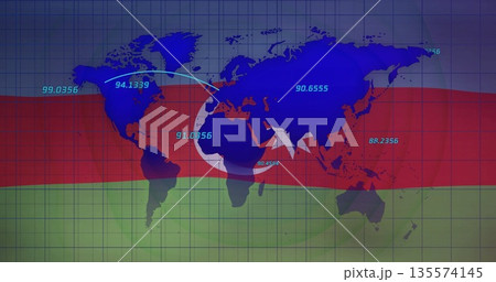 Displaying blue map on red-green striped grid interface with cyan labels and star-and-crescent 135574145