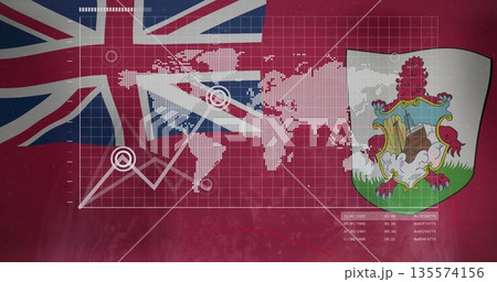 Displaying pixelated world map and line graph on red flag, with Union Jack, Bermudian shield, codes 135574156