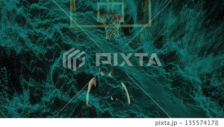 Leaping player wearing jersey shorts performing dunk on virtual court with hoop, teal waves Leaping player wearing jersey shorts performing dunk on virtual court with hoop, teal waves 135574178