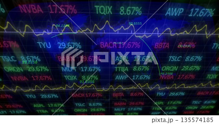 Displaying stock market data on trading terminal display, with colored line graphs, ticker symbols Displaying stock market data on trading terminal display, with colored line graphs, ticker symbols 135574185