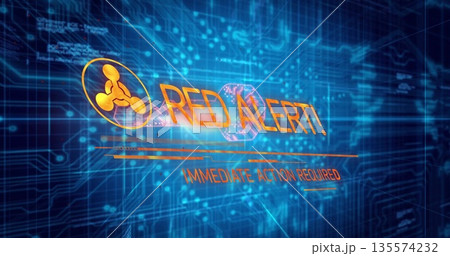 Displaying network icon with RED ALERT subheading IMMEDIATE ACTION REQUIRED over blue circuit board Displaying network icon with RED ALERT subheading IMMEDIATE ACTION REQUIRED over blue circuit board 135574232