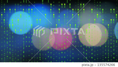 Cascading columns of green binary digits streaming over blurred bokeh circles, digital data theme 135574266