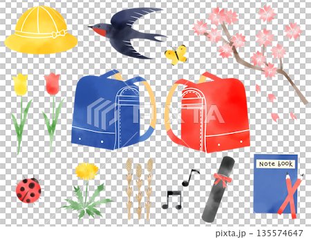 Watercolor spring entrance and graduation illustration set with school bags, cherry blossoms, and school hats 135574647