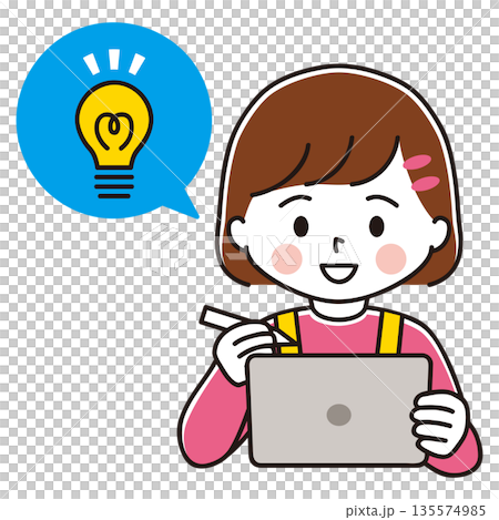 ペンタブを持ってタブレット端末で勉強する女の子のイラスト　ひらめき 135574985