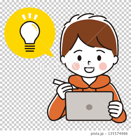 ペンタブを持ってタブレット端末で勉強する男の子のイラスト ひらめき ペンタブを持ってタブレット端末で勉強する男の子のイラスト ひらめき 135574986