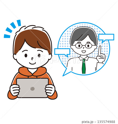 ペンタブを持ってタブレット端末で勉強する男の子のイラスト 遠隔授業 ペンタブを持ってタブレット端末で勉強する男の子のイラスト 遠隔授業 135574988