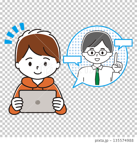 ペンタブを持ってタブレット端末で勉強する男の子のイラスト 遠隔授業 ペンタブを持ってタブレット端末で勉強する男の子のイラスト 遠隔授業 135574988