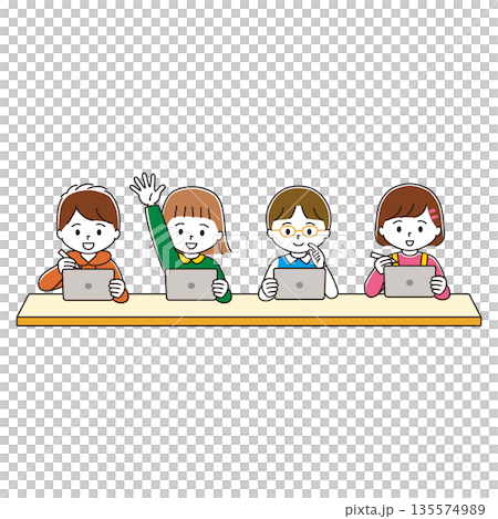 机に向かってタブレット端末で勉強する子どもたちのイラスト 135574989