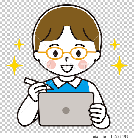 ペンタブを持ってタブレット端末で勉強する男の子のイラスト　わくわく 135574993