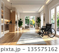 車椅子のある清潔感溢れるモダンなLDK背景：高齢者福祉・住宅改修・ユニバーサルデザインの抽象背景 135575162