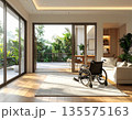 車椅子のある清潔感溢れるモダンなLDK背景：高齢者福祉・住宅改修・ユニバーサルデザインの抽象背景 135575163