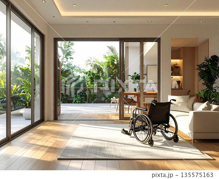 車椅子のある清潔感溢れるモダンなLDK背景：高齢者福祉・住宅改修・ユニバーサルデザインの抽象背景 135575163