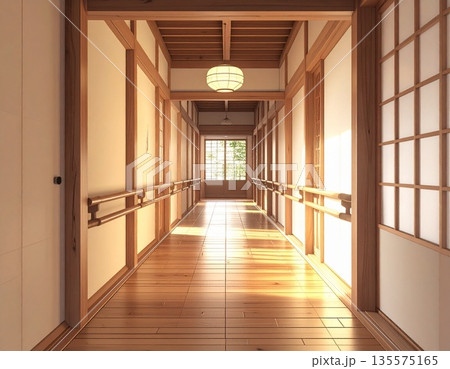手すりのある明るい和風の廊下：バリアフリー住宅や介護施設LP・プレゼン資料に最適なリフォーム背景 135575165