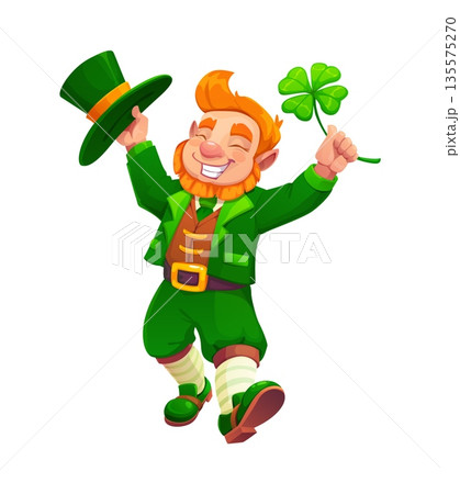 Cartoon St Patrick Day leprechaun character cheerfully dancing with shamrock and top hat in hands, depicting traditional Irish folklore and culture. Vector funny personage conveying luck and festivity Cartoon St Patrick Day leprechaun character cheerfully dancing with shamrock and top hat in hands, depicting traditional Irish folklore and culture. Vector funny personage conveying luck and festivity 135575270