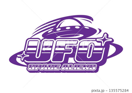 Space aliens ufo retro Y2K icon or emblem. Universe extraterrestrial life funky vector sign, alien spaceship vintage icon. Galaxy invader emblem or symbol with purple flying saucer and typography 135575284