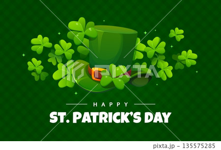 Happy St Patrick's day banner with leprechaun hat and shamrock clover leaves. Spring season holiday vector banner, Irish folk festival party flyer. Ireland culture Saint Patrick's day holiday poster 135575285