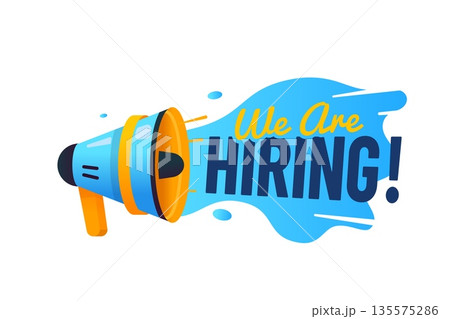 We are hiring vacancy opportunity icon or label. Business career offer banner, job hiring company vector icon. Employee recruitment graphic label with blue loudspeaker and handwritten typography 135575286