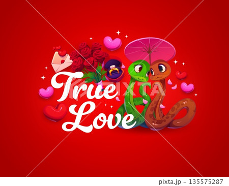 Happy Valentine Day true love greeting card quote with funny snakes couple, cartoon vector. Valentine Day holiday quote with snakes in love under umbrella with wedding ring, roses and heart balloons 135575287