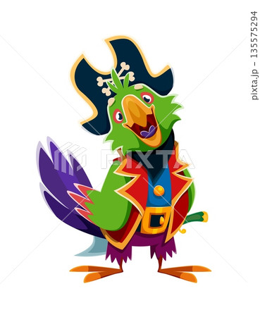 Cartoon parrot animal pirate captain vector character. Corsair bird wears navy tricorn hat, along with a red coat and golden belt. Funny avian sailor personage ready for high seas nautical adventures Cartoon parrot animal pirate captain vector character. Corsair bird wears navy tricorn hat, along with a red coat and golden belt. Funny avian sailor personage ready for high seas nautical adventures 135575294