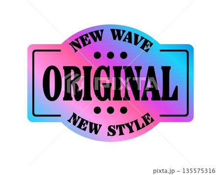 Original product hologram vintage Y2K sticker or label. Gradient chrome foil Y2K tag, glossy hologram retro vector sticker. Metallic color iridescent vintage label or patch with typography 135575316