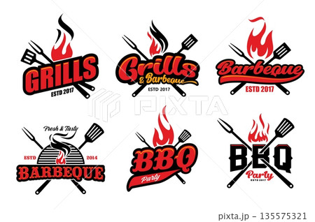 Bbq grill icons with vector barbecue fork and spatula tools, fire with hot red flames, black smoke and round barbeque grate isolated signs set. Bbq bar and restaurant, summer picnic and cookout party 135575321