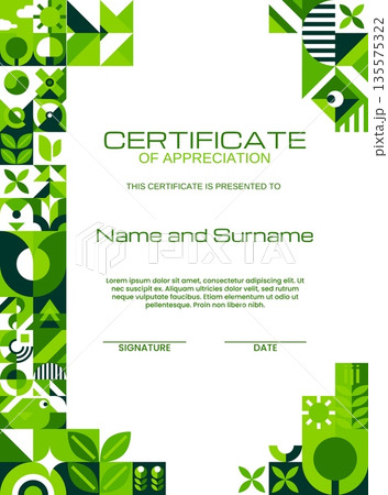 Vertical ecology certificate with geometric Bauhaus pattern. Nature saving Bauhaus geometric shapes vector certificate, environment protection diploma. Planet Earth sustainability award document Vertical ecology certificate with geometric Bauhaus pattern. Nature saving Bauhaus geometric shapes vector certificate, environment protection diploma. Planet Earth sustainability award document 135575322