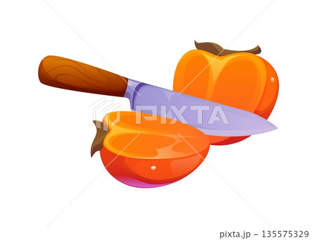 Cartoon persimmon fruit being sliced with a knife, featuring juicy orange flesh, glossy texture, and wooden knife handle, representing food cooking process, kitchen utensil and cook food recipe 135575329