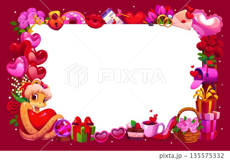 Valentine Day greetings frame with love hearts, gift boxes and cute snake characters vector borders. Cartoon Valentines Day holiday greeting card with rose flowers, pierced heart and love letter 135575332
