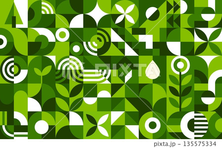 Nature and ecology geometric Bauhaus background. Clean environment day green artwork vector background, nature pollution abstract forms pattern. Planet Earth saving Bauhaus shapes backdrop or print 135575334