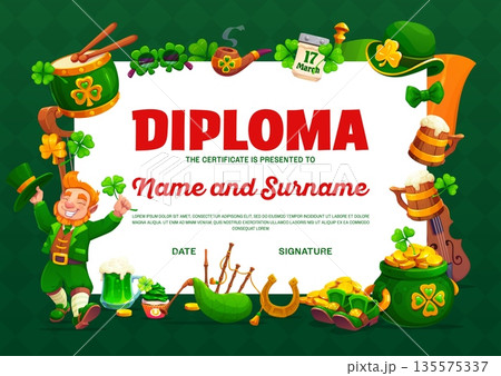 Happy St Patrick's day holiday diploma certificate. Irish party vector award paper, Saint Patrick diploma template with happy leprechaun, musical instruments, pot of golden coins and shamrock clovers 135575337