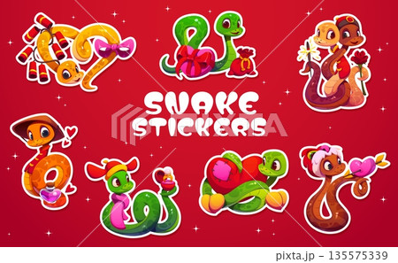 Cartoon funny snake characters stickers pack. Love holiday mascot vector Asian animal character sticker. St Valentine Chinese snake personage patch with fireworks, perfume, flowers and arrow in heart Cartoon funny snake characters stickers pack. Love holiday mascot vector Asian animal character sticker. St Valentine Chinese snake personage patch with fireworks, perfume, flowers and arrow in heart 135575339