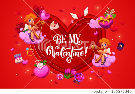 Paper cut Valentine heart shaped greeting card with holiday characters and gifts, cartoon vector. Be My Valentine love quote greeting with cupid cherubs with harps on pink clouds in paper cut heart 135575346