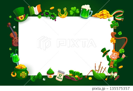 Happy St Patrick day holiday frame banner with leprechaun and Irish shamrock, vector background. Ireland flag and trefoil clovers with Celtic harp and bagpipe for Saint Patrick holiday greeting card 135575357