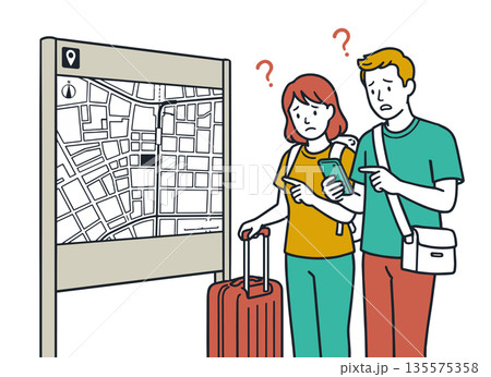 道に迷って案内板とスマホを見る外国人観光客のカップル（ベクターイラスト） 135575358