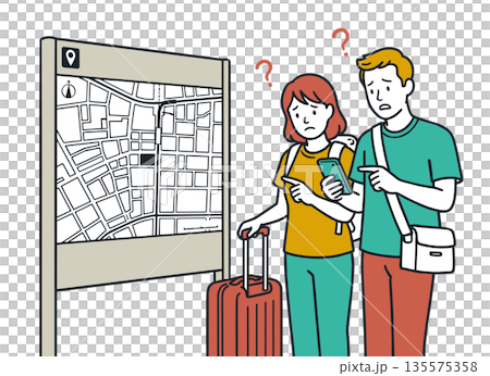 道に迷って案内板とスマホを見る外国人観光客のカップル（ベクターイラスト） 135575358