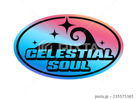 Celestial soul hologram vintage Y2K sticker or tag. Glossy iridescent Y2K sticker, reflective foil retro vector tag. Metallic color hologram patch or label with star, wave and typography Celestial soul hologram vintage Y2K sticker or tag. Glossy iridescent Y2K sticker, reflective foil retro vector tag. Metallic color hologram patch or label with star, wave and typography 135575365