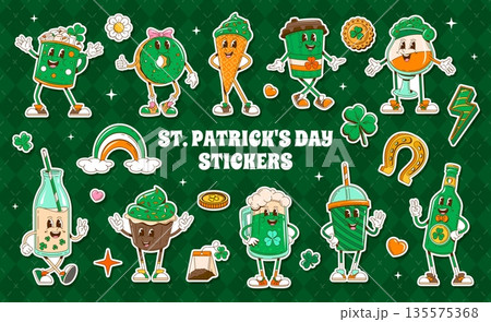 St Patrick's day groovy characters Stickers. Spring holiday, St Patrick holidays personages vector stickers with donut, cupcake and icecream, ale or beer drink, coffee, Irish cocktail and milk bottle St Patrick's day groovy characters Stickers. Spring holiday, St Patrick holidays personages vector stickers with donut, cupcake and icecream, ale or beer drink, coffee, Irish cocktail and milk bottle 135575368