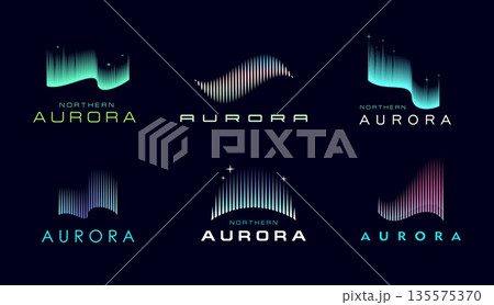 Northern aurora borealis sky wave light icons. Vector abstract northern light and aurora borealis isolated symbols set with gradient green purple line waves and glowing North Polar stars Northern aurora borealis sky wave light icons. Vector abstract northern light and aurora borealis isolated symbols set with gradient green purple line waves and glowing North Polar stars 135575370