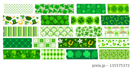 Irish washi tape for St Patrick holiday, green adhesive pieces with shamrocks, vector ribbons. St Patrick washi tape with pattern of leprechaun hat, shamrock clovers and golden horseshoe with hearts 135575372
