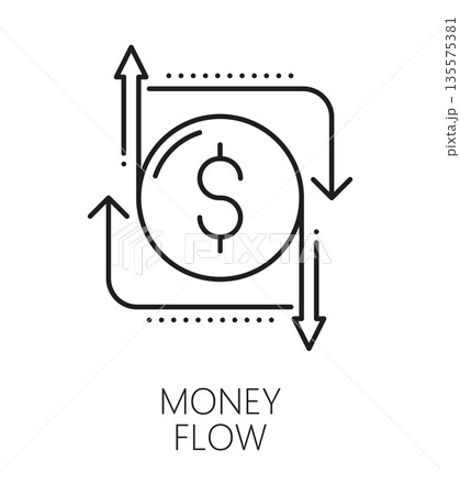 Investment money flow, finance line icon or sign. Finance investor fund vector sign, investment money flow line pictogram. Capital company icon or symbol with dollar currency sign and flow arrows Investment money flow, finance line icon or sign. Finance investor fund vector sign, investment money flow line pictogram. Capital company icon or symbol with dollar currency sign and flow arrows 135575381
