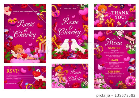Wedding invitation templates set with flowers and dove birds, vector cards. Cupid angels or cherubs with heart balloons and gifts, flowers and kiss lips for wedding invitation and RSVP card templates Wedding invitation templates set with flowers and dove birds, vector cards. Cupid angels or cherubs with heart balloons and gifts, flowers and kiss lips for wedding invitation and RSVP card templates 135575382