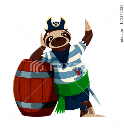 Cartoon sloth animal pirate vector character leaning on large wooden barrel. Corsair smiling lazily in a striped shirt and green sash and has a sword tucked at his waist, ready for sea adventures Cartoon sloth animal pirate vector character leaning on large wooden barrel. Corsair smiling lazily in a striped shirt and green sash and has a sword tucked at his waist, ready for sea adventures 135575389