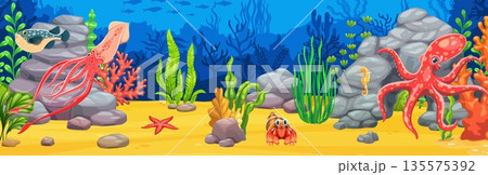 Underwater landscape, game background with squid and octopus cartoon characters. Vector sea water animals and fish at ocean underwater landscape background with corals, seaweeds, starfish and crab Underwater landscape, game background with squid and octopus cartoon characters. Vector sea water animals and fish at ocean underwater landscape background with corals, seaweeds, starfish and crab 135575392