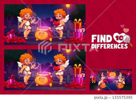 Find ten differences on Valentine Day poster, game vector worksheet with cartoon Cupid characters. Matching puzzle quiz of cute cherub Cupids with Valentines hearts, gifts and love potion cauldron 135575395