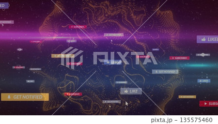 Floating UI buttons and labels gliding in digital void, with glowing gold network and lens flares 135575460