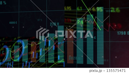 Displaying financial charts trending on trading dashboard, with bar charts line graphs labels Displaying financial charts trending on trading dashboard, with bar charts line graphs labels 135575471